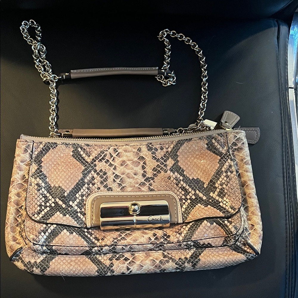 Coach Tan and Black Snake Print Shoulder Bag